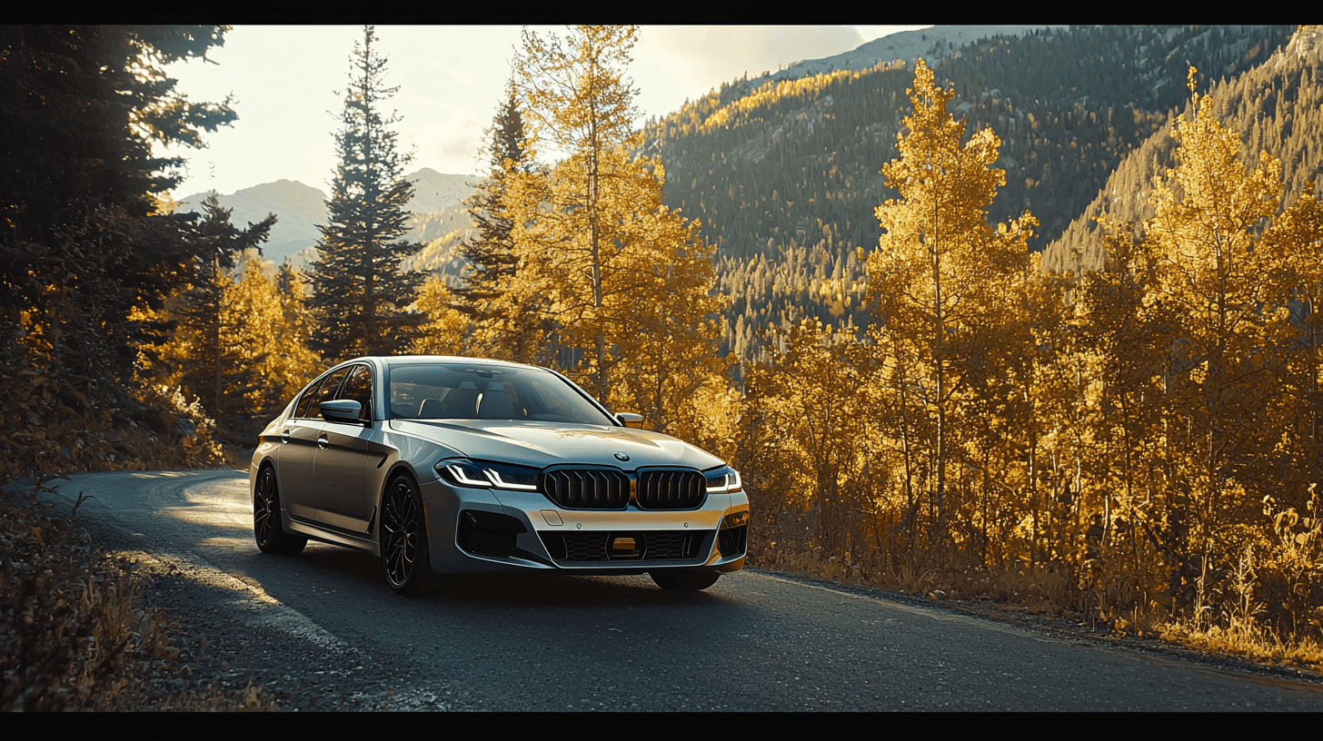 BMW parked with a scenic mountain background