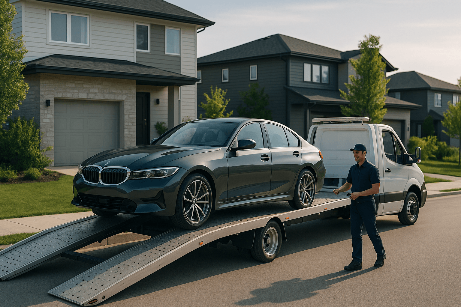 Flatbed truck delivering a used luxury car
